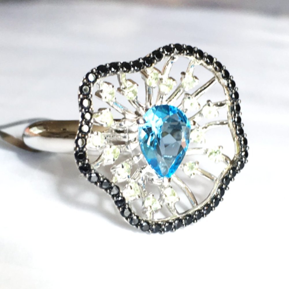 Swiss Blue Topaz .925 Cocktail Ring Peridot Black Spinel Sterling Silver Genuine - Picture 6 of 15